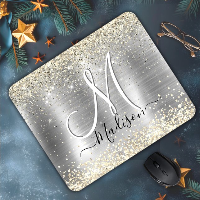 Chic brushed metal silver gold faux glitter mouse mat (Creator Uploaded)