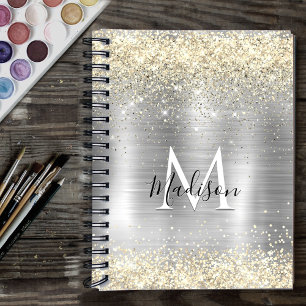 Chic brushed metal silver gold faux glitter notebook