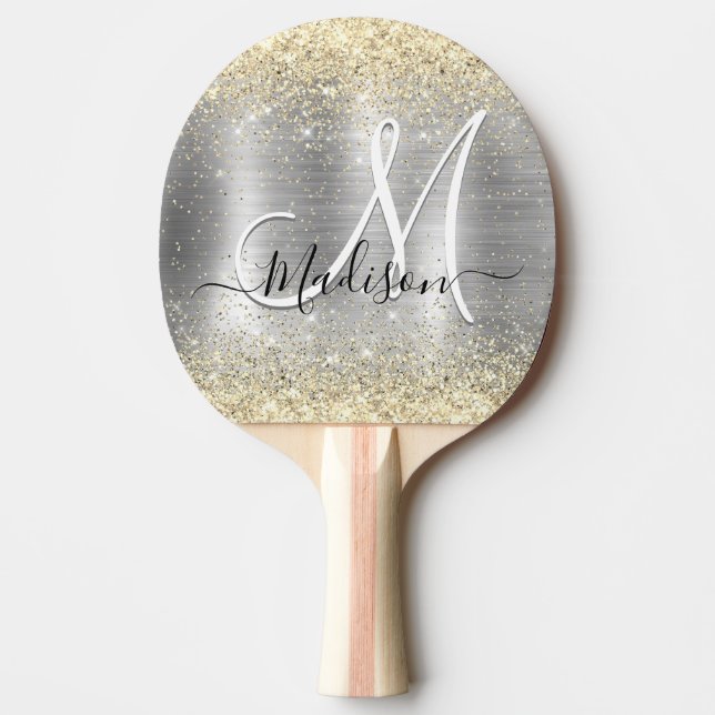 Chic brushed metal silver gold faux glitter ping pong paddle (Front)