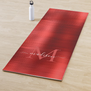 Chic Brushed Metallic Burgundy Red Monogram Script Yoga Mat