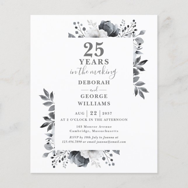 Chic Budget 25th Wedding Anniversary Floral Invite (Front)