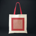 Chic Budget Tote Bag: Red Roses on Cream Ivory<br><div class="desc">A chic Budget Tote Bag with a mix'n'match pattern of Deep Red Roses on a creamy Ivory background,  teamed with a Deep Red pattern,  flecked with tiny cream 'stitches'</div>