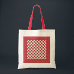 Chic Budget Tote Bag: Red Roses on Cream Ivory<br><div class="desc">A chic Budget Tote Bag with a mix'n'match pattern of Deep Red Roses on a creamy Ivory background,  teamed with a Deep Red pattern,  flecked with tiny cream 'stitches'</div>