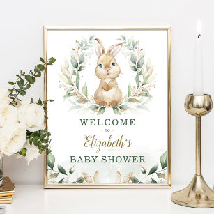 Chic Bunny Rabbit Greenery Gold Wreath Welcome Poster