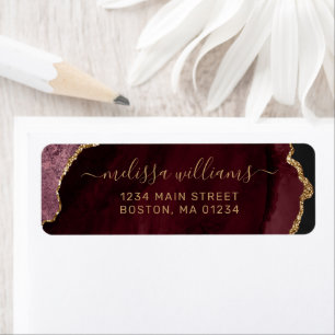 Chic Burgundy Agate Gold Script Monogram Address