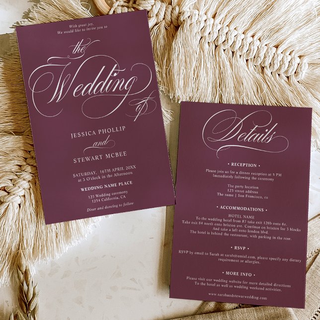 Chic burgundy all in one calligraphy wedding invitation (Chic burgundy all in one calligraphy wedding invitation)