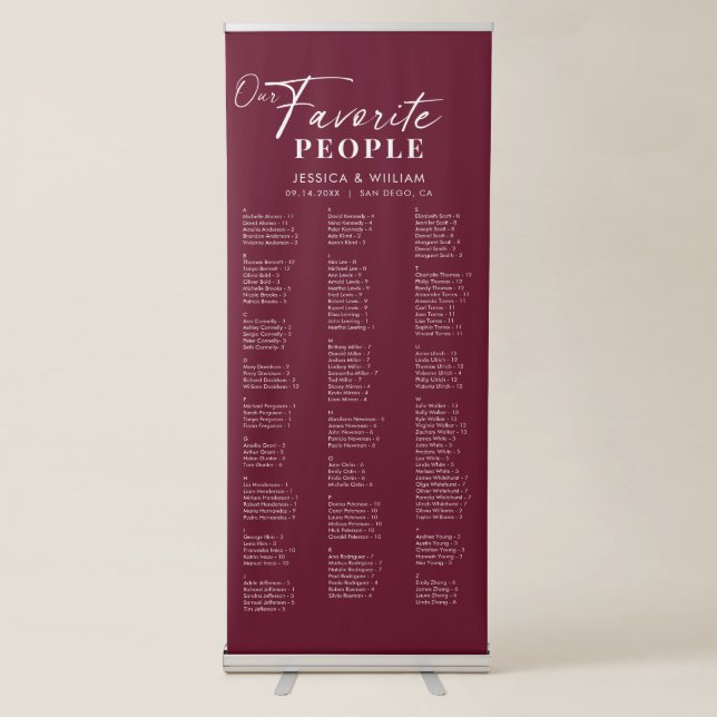 Chic Burgundy Alphabetical Wedding Seating Chart Retractable Banner (Front)