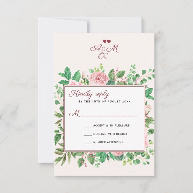 Chic Burgundy and Blush Floral Monogrammed Wedding RSVP Card (Front)