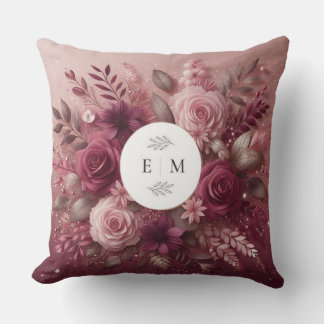 Chic Burgundy and Blush Pink Glitter Monogrammed Cushion