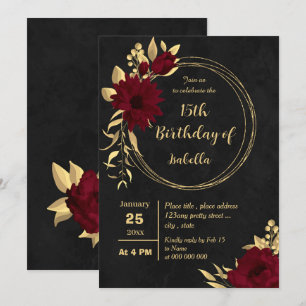 Chic burgundy and gold black birthday party invitation