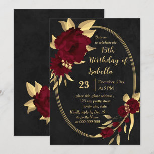 Chic burgundy and gold black birthday party invitation
