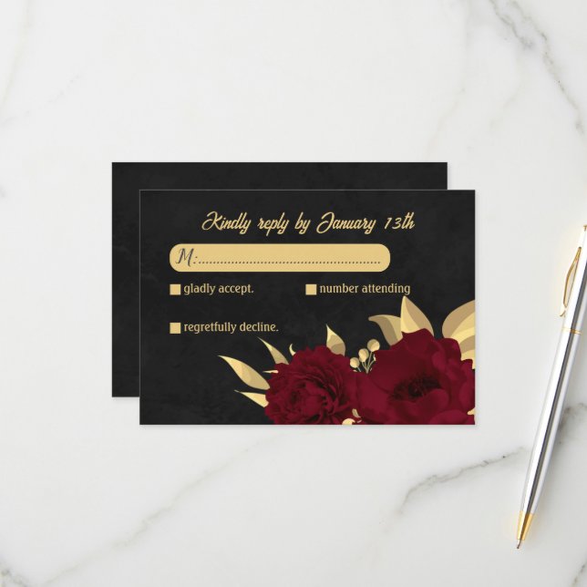 Chic burgundy and gold black botanical wedding RSVP card (Front/Back In Situ)
