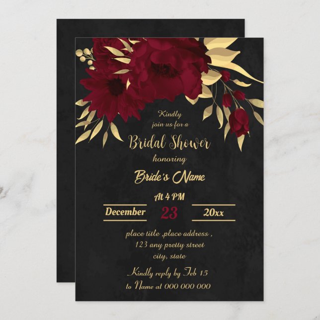 Chic burgundy and gold black bridal shower invitation (Front/Back)