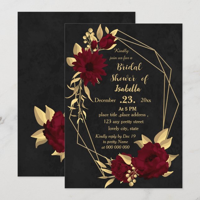 Chic burgundy and gold black bridal shower invitation (Front/Back)