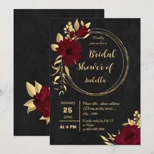 Chic burgundy and gold black bridal shower invitation