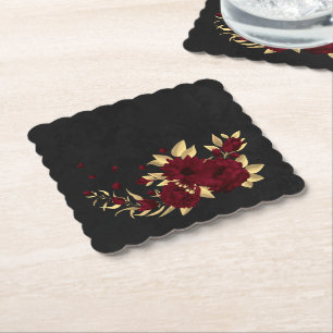 Chic burgundy and gold black paper coaster