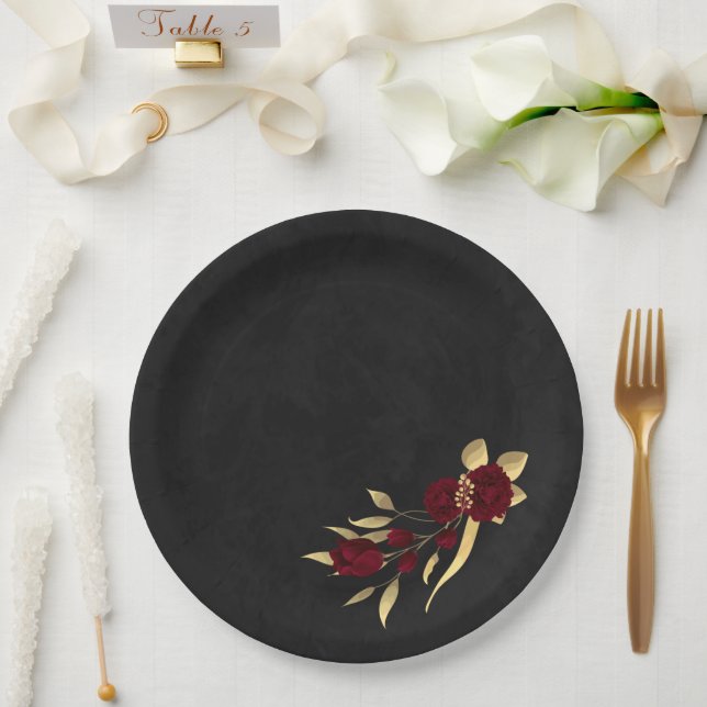 Chic burgundy and gold black  paper plate (Wedding)