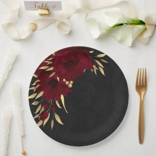 Chic burgundy and gold black  paper plate