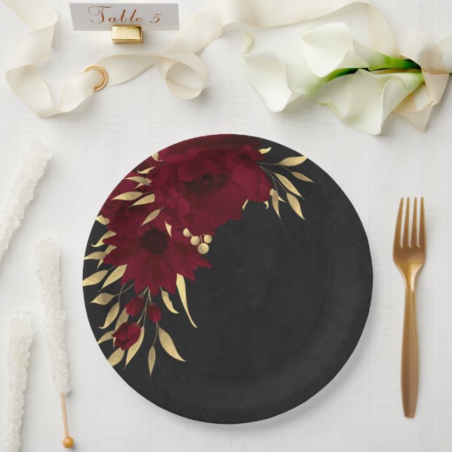 Chic burgundy and gold black  paper plate (Wedding)