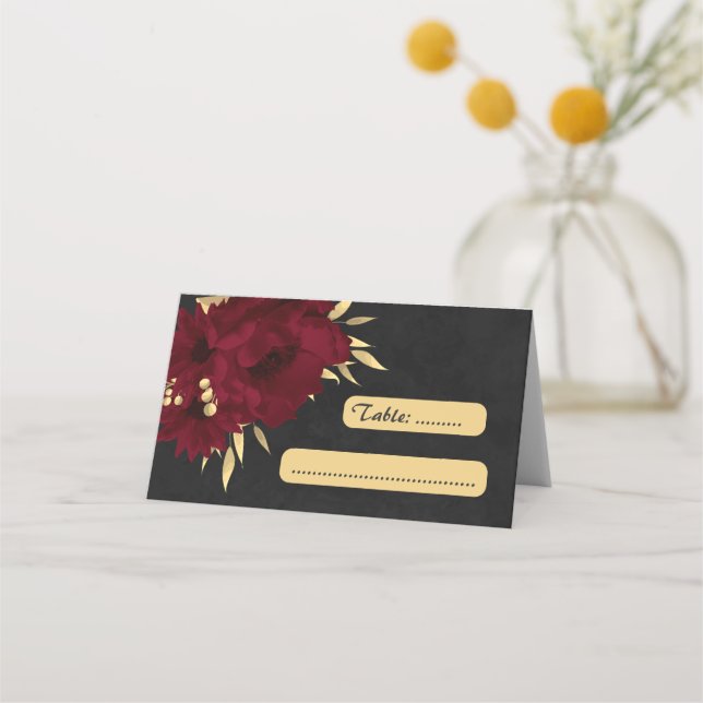 Chic burgundy and gold black place card (Front)