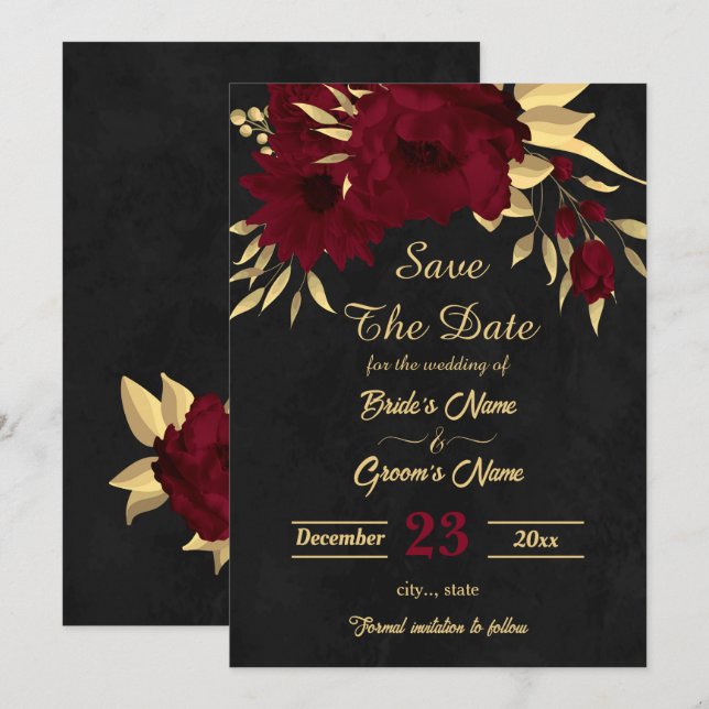 Chic burgundy and gold black  save the date (Front/Back)