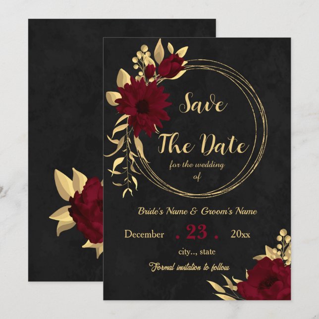 Chic burgundy and gold black  save the date (Front/Back)