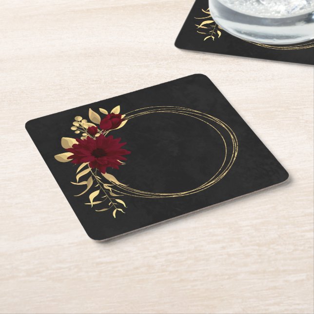 Chic burgundy and gold black square paper coaster (Angled)