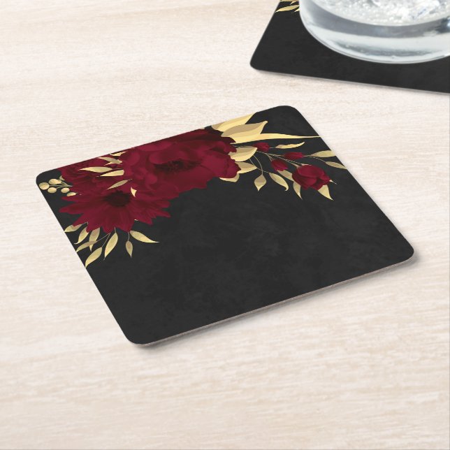 Chic burgundy and gold black square paper coaster (Angled)
