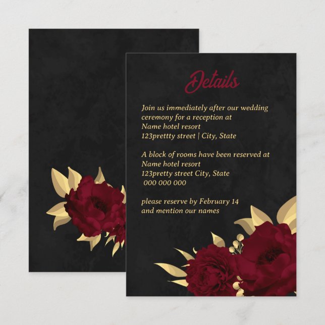 Chic burgundy and gold black wedding enclosure card (Front/Back)