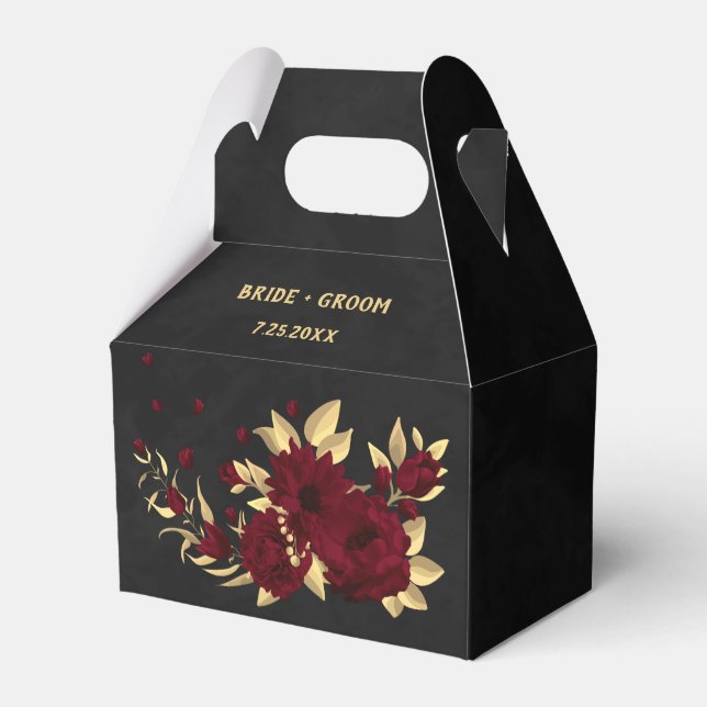Chic burgundy and gold black wedding favour box (Front Side)