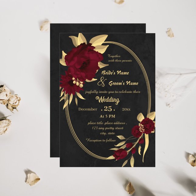 Chic burgundy and gold black wedding invitation (Creator Uploaded)