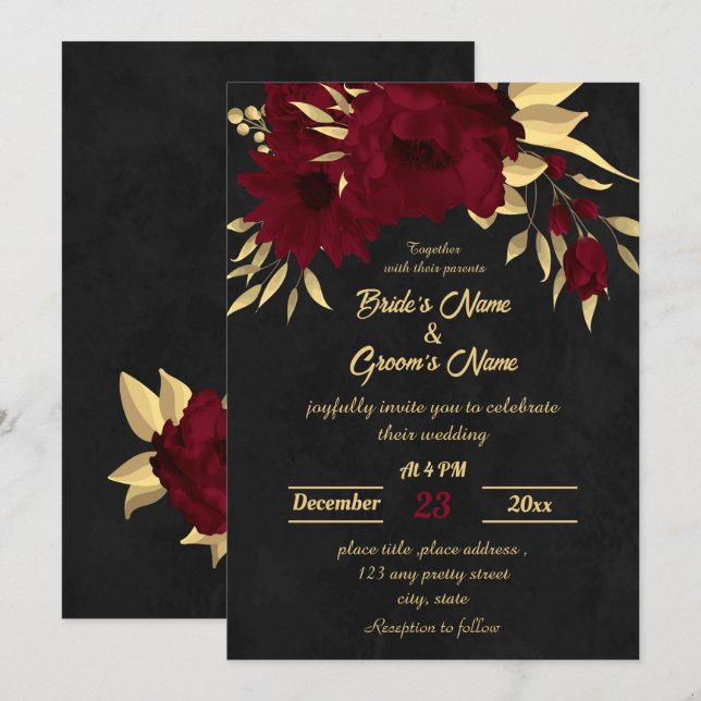 Chic burgundy and gold black wedding invitation (Front/Back)