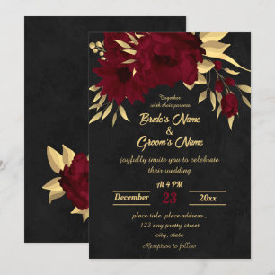 Chic burgundy and gold black wedding invitation