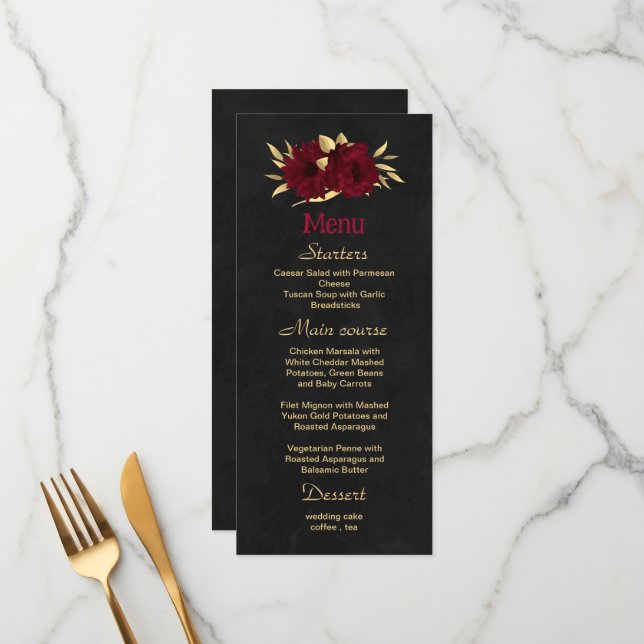 Chic burgundy and gold black wedding menu (Front/Back In Situ)