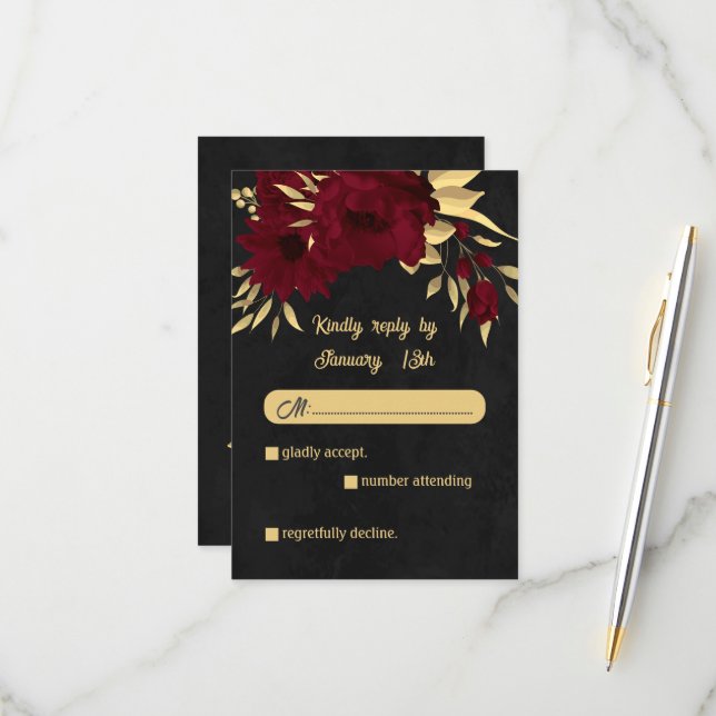 Chic burgundy and gold black wedding RSVP card (Front/Back In Situ)