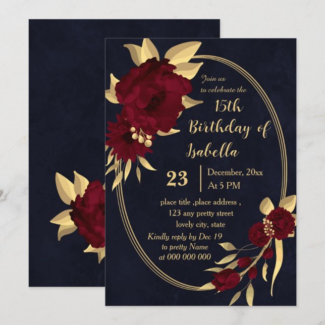 Chic burgundy and gold navy birthday party invitation (Front/Back)