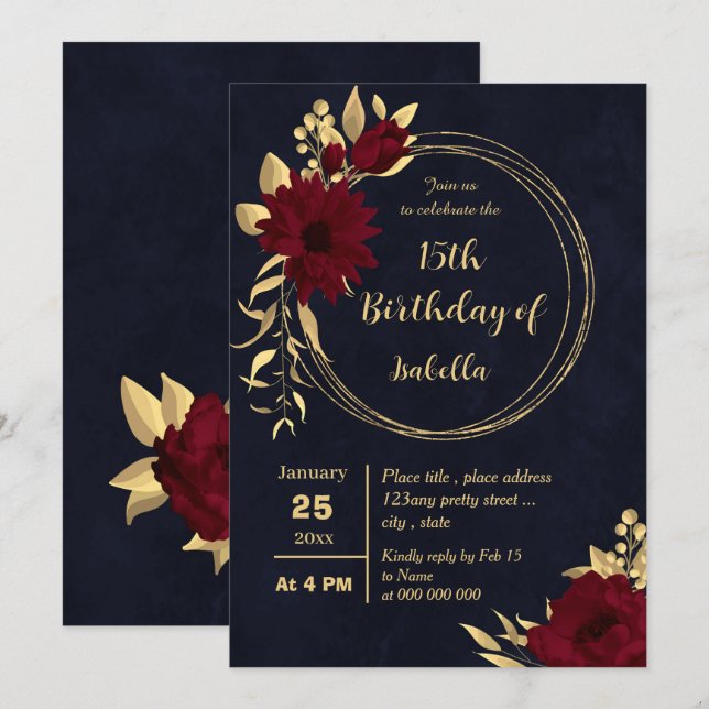 Chic burgundy and gold navy birthday party invitation (Front/Back)