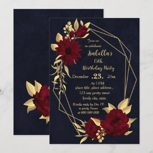 Chic burgundy and gold navy birthday party invitation