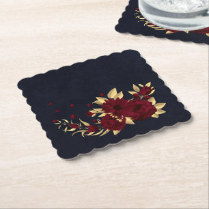 Chic burgundy and gold navy blue paper coaster