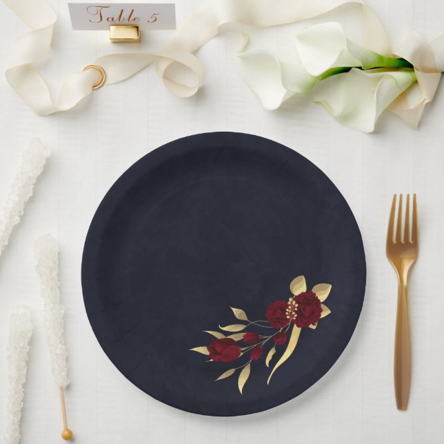 Chic burgundy and gold navy blue paper plate (Wedding)