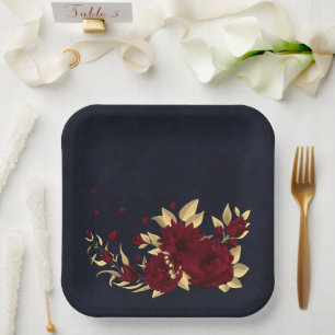 Chic burgundy and gold navy blue paper plate