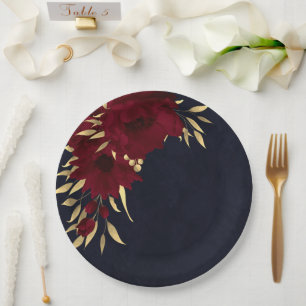 Chic burgundy and gold navy blue paper plate