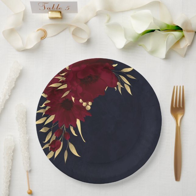 Chic burgundy and gold navy blue paper plate (Wedding)