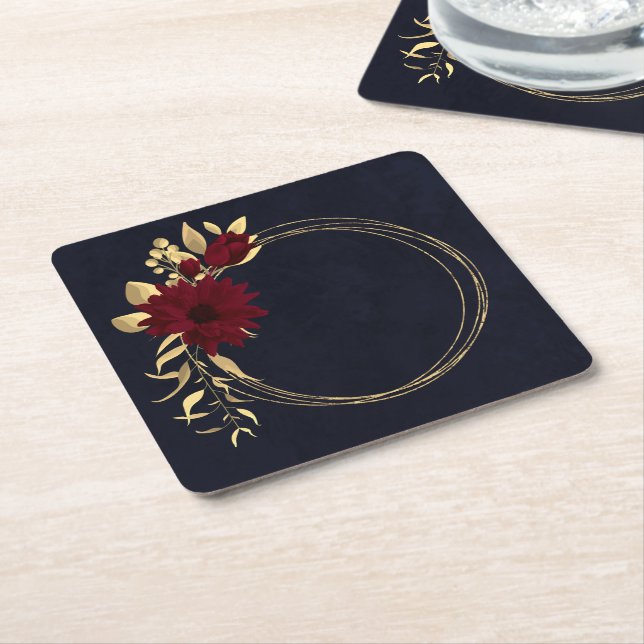 Chic burgundy and gold navy blue square paper coaster (Angled)