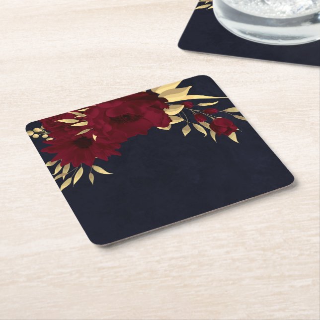 Chic burgundy and gold navy blue square paper coaster (Angled)
