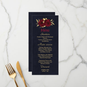 Chic burgundy and gold navy blue wedding menu
