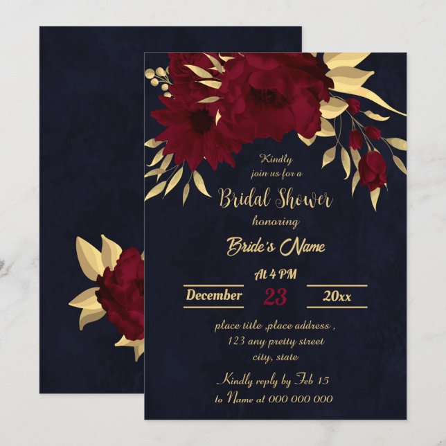 Chic burgundy and gold navy bridal shower invitation (Front/Back)