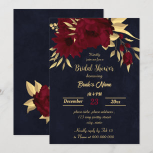 Chic burgundy and gold navy bridal shower invitation
