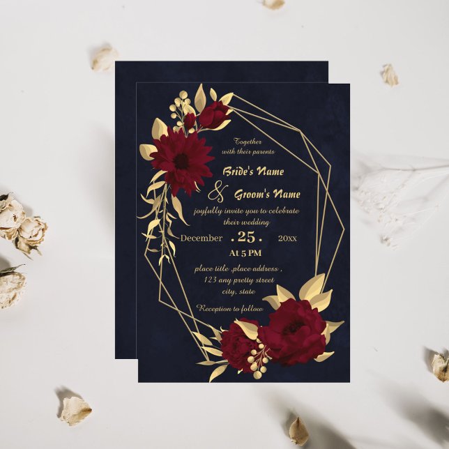 Chic burgundy and gold navy geometric wedding invitation (Creator Uploaded)