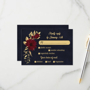 Chic burgundy and gold navy meal choice wedding RSVP card